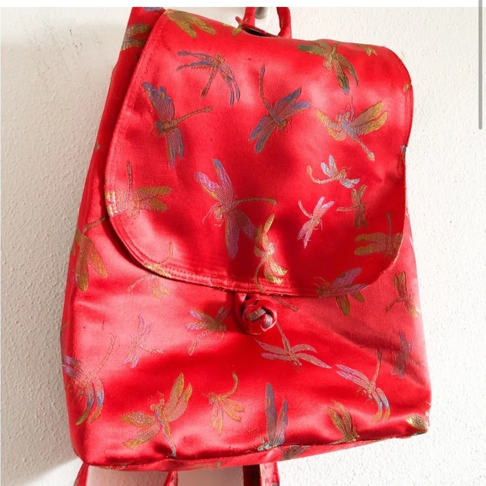 Vintage Y2K red jacquard satin dragonfly backpack bag